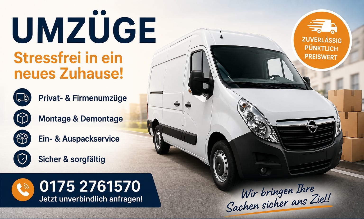 Werbegrafik für den Umzugsservice: ein weißer Kastenwagen auf einer Straße, daneben gestapelte Umzugskartons. Aufschrift „Umzüge – stressfrei in ein neues Zuhause“, dazu Privat- und Firmenumzüge, Montage und Demontage, Ein- und Auspackservice, die Telefonnummer und ein rundes Siegel mit der Aufschrift „zuverlässig, pünktlich, preiswert“.